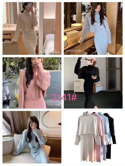 Winter High Neck Sweater With V-Neck Sleeves Long Dresses Sets
